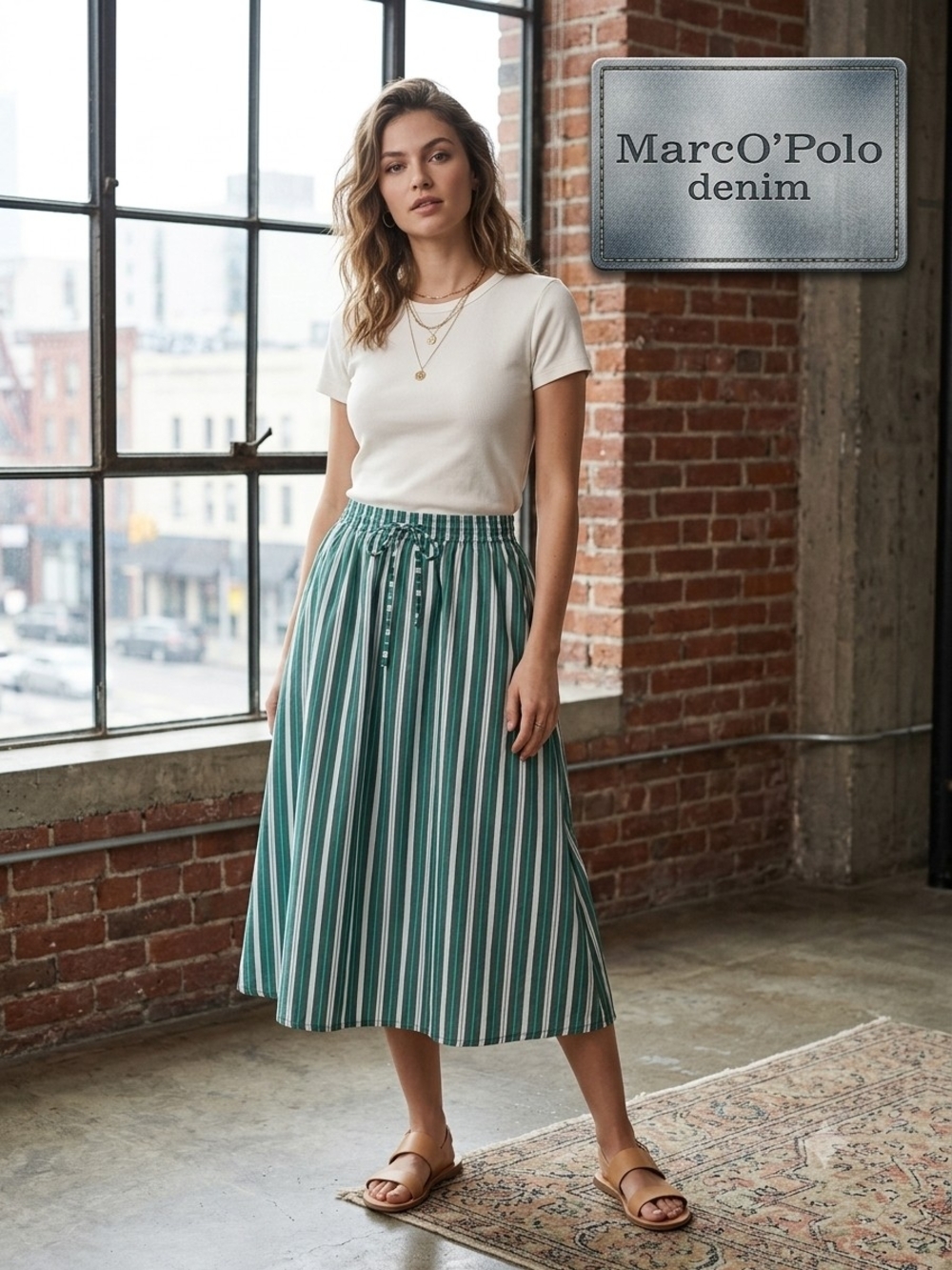 Marc O'Polo Denim Green Striped Drawstring Midi Skirt